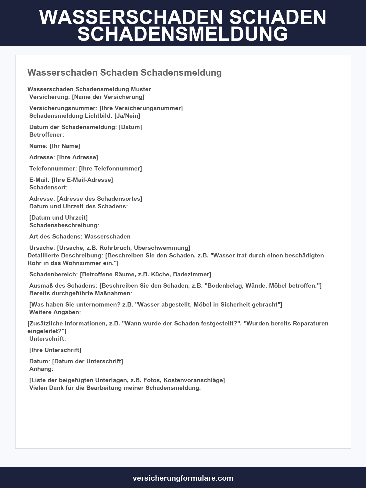 Wasserschaden Schaden Schadensmeldung Vorlage